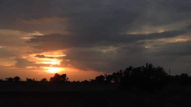 Siluet günbatımı. Düz ufuk ve ağaçlarla mükemmel renkli günbatımı. Palmiye ağaçları ve sudaki insanların siluetleri. Güzel sahil manzarasında gün batımında birçok insan gün batımından önce denize oynamaya gelir. Sahilde günbatımının silueti.
