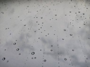 Fırtına sırasında pencere camında büyük yağmur damlaları vardı. Bulutların, yeşil ağaçların ve binaların manzarası. Fırtınalı bir günde yağmur damlalarının şehir manzarası pencereye düşer. Pencereye yağmur damlası. Cama yağmur damlaları. Otomotiv üzerine yağmur damlaları 