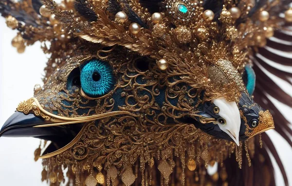 close up of a peacock\'s head with feathers