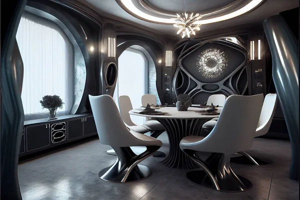 Futuristic and cozy space station dining room