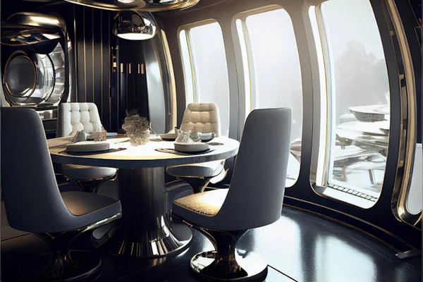 Futuristic and cozy space station dining room