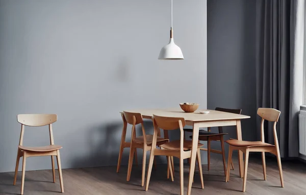 a dining room with a wooden table and chairs, a 3D render, by Johan Lundbye, featured on dribble, minimalism, ikea catalogue photo