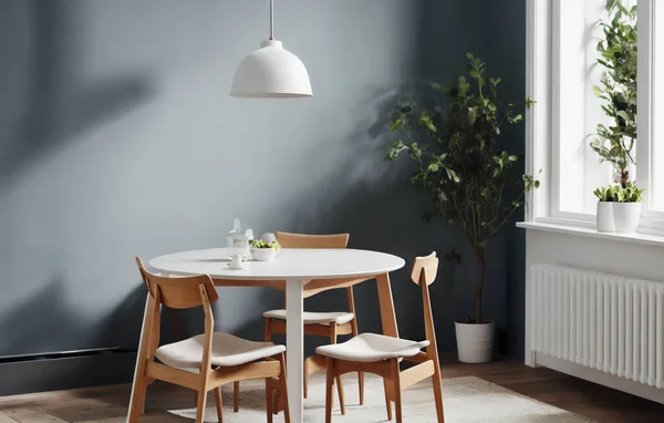 a dining room with a wooden table and chairs, a 3D render, by Johan Lundbye, featured on dribble, minimalism, ikea catalogue photo