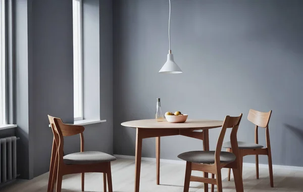 a dining room with a wooden table and chairs, a 3D render, by Johan Lundbye, featured on dribble, minimalism, ikea catalogue photo