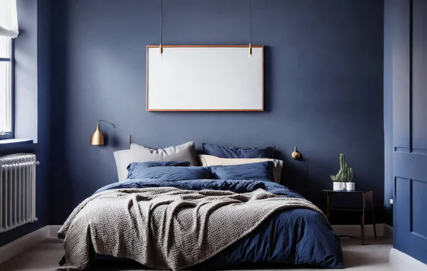 Dark bed and mockup dark blue wall in bedroom interior.