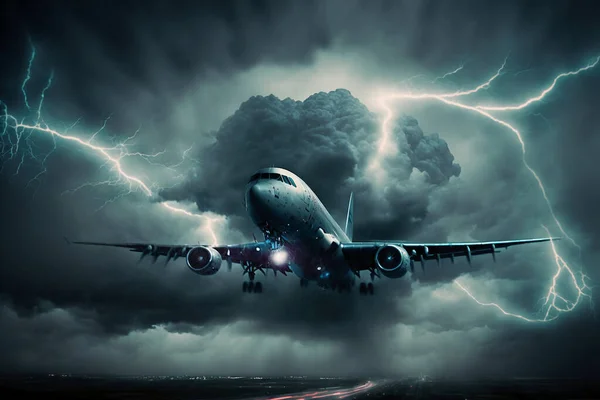 Airplane flies under heavy thunder clouds and lightning.