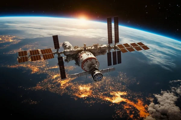International space station flies around planet Earth.