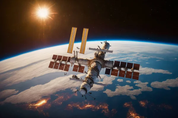 International space station flies around planet Earth.