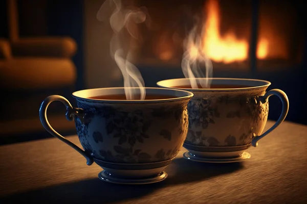 Two cups of steaming hot tea in front of fireplace.