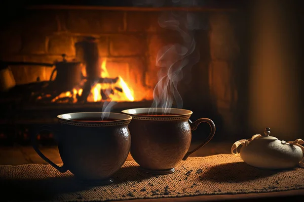 Two cups of steaming hot tea in front of fireplace.