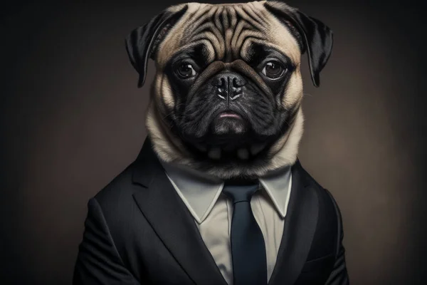 Portrait of a pug dog dressed in a formal business suit.