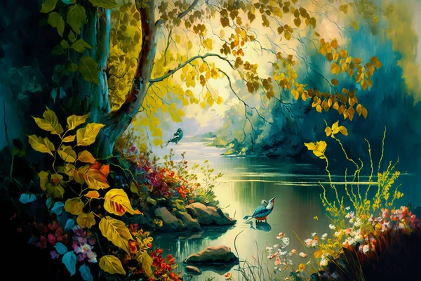 Vintage painting of forest landscape with lake plants.
