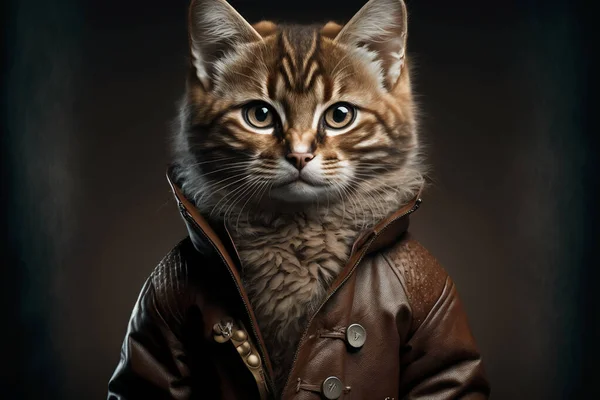 Anthropomorphic stylish Cat wearing a human leather jacket.