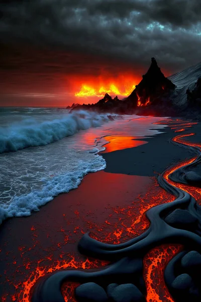 Molten carnival glass lava flow over Icelandic black.