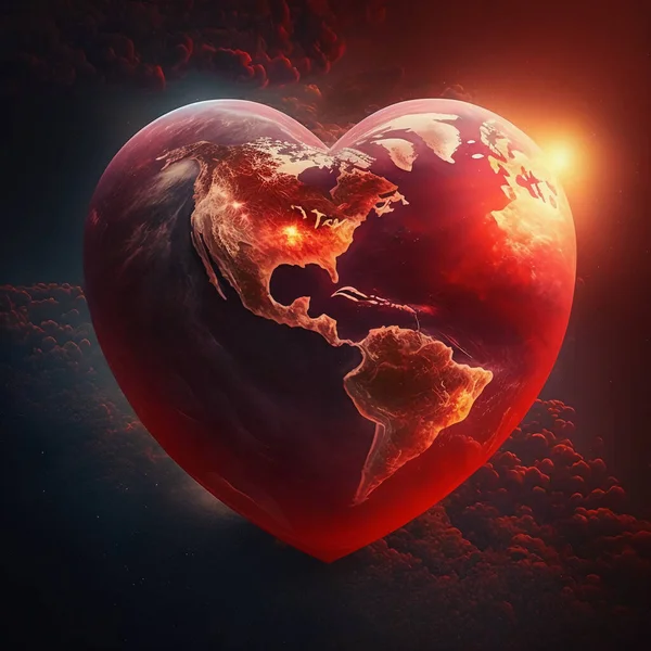 A happy big red heart pulsating in front of the planet.