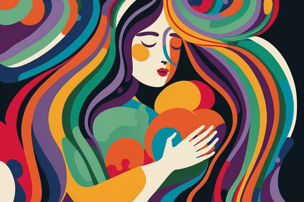 A woman hugging her self and smiling colorful illustration.