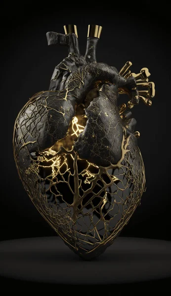 Anatomical heart in dark kintsugi.