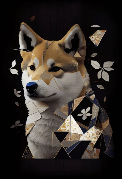 Kintsugi collage pop Japanese art elegant Akita Inu.