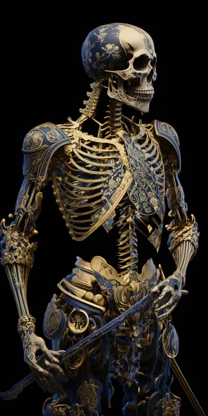 Skeletonized kintsugi bushido warrior full body shot.