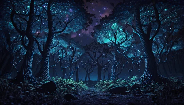 Mystical rave forest at night highly detailed. - Stock Image - Everypixel