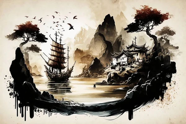 Epic ancient oriental alien world waterfront paradise