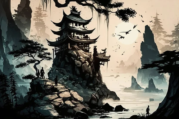 Epic ancient oriental alien world waterfront paradise