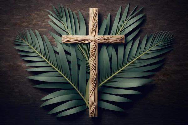 Palm Sunday concept. Wooden cross over palm leaves.