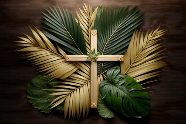 Palm Sunday concept. Wooden cross over palm leaves.