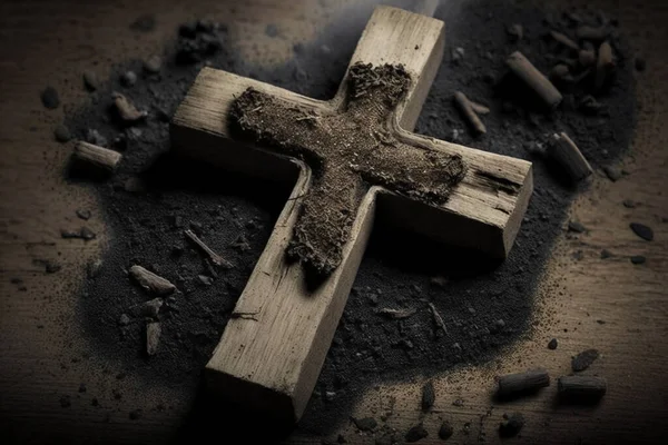 Wood cross on ashes, Palm Sunday.