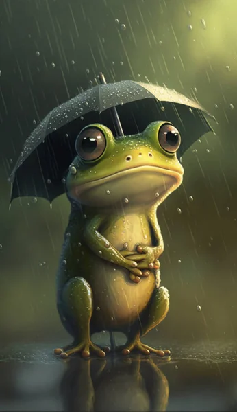 A cute little frog in the rain cartoon style