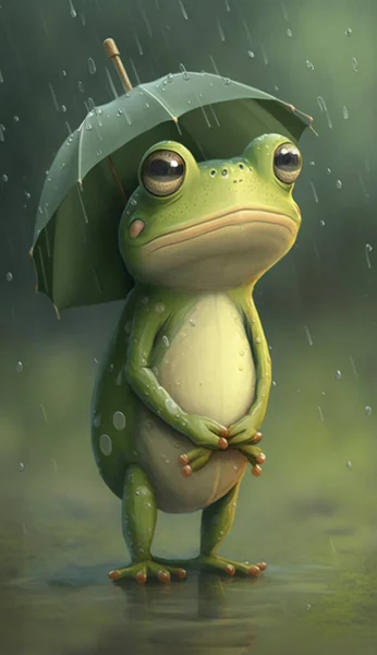 A cute little frog in the rain cartoon style