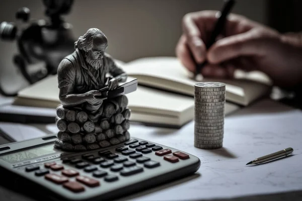 a person using a calculator on top of a stack of coins