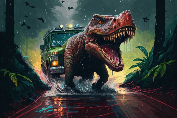 Dinosaur T Rex chases a Jeep car down a road