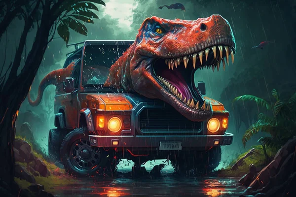 Dinosaur T Rex chases a Jeep car down a road