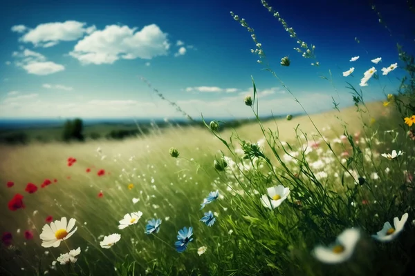 a field of grass and flowers under a blue sky