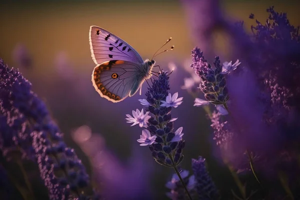 A purple butterfly flying over a field of purple flowers