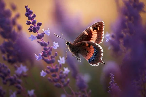 A purple butterfly flying over a field of purple flowers