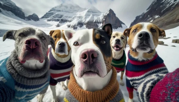 a group of dogs wearing dog sweaters taking a selfie