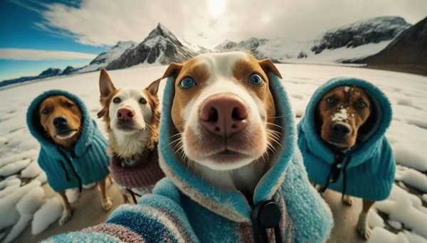 a group of dogs wearing dog sweaters taking a selfie
