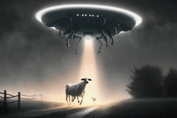 A UFO in the sky with a cow in its tractor beam the cow