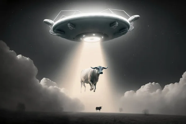 A UFO in the sky with a cow in its tractor beam the cow