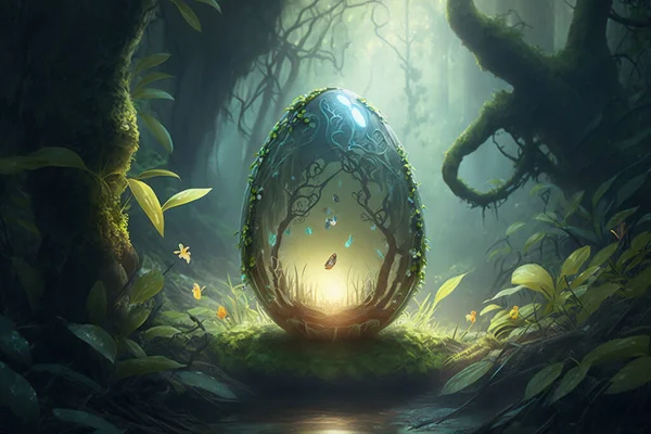 Fantasy magical fairy tale small glowing Easter egg in rain