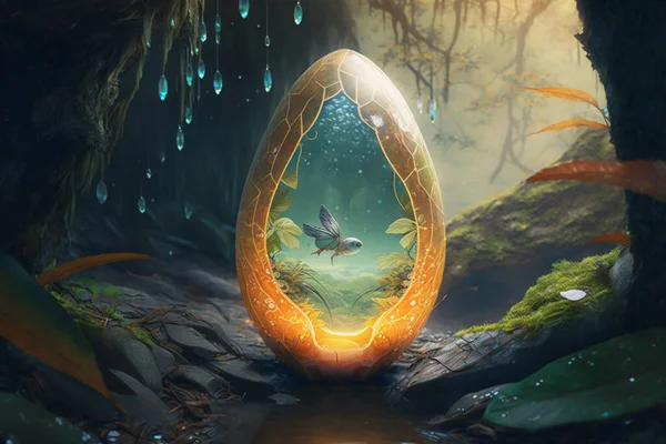 Fantasy magical fairy tale small glowing Easter egg in rain