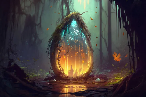 Fantasy magical fairy tale small glowing Easter egg in rain