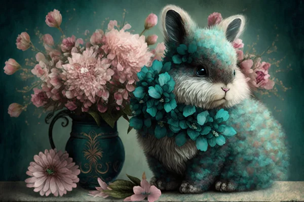Shabby chic teal and pink flowers with fluffy realistic