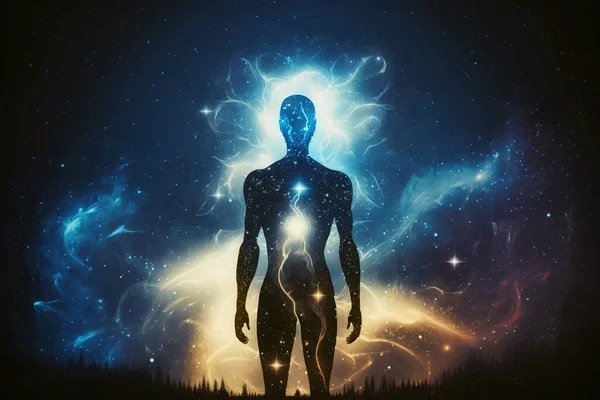Astral body silhouette with abstract space background
