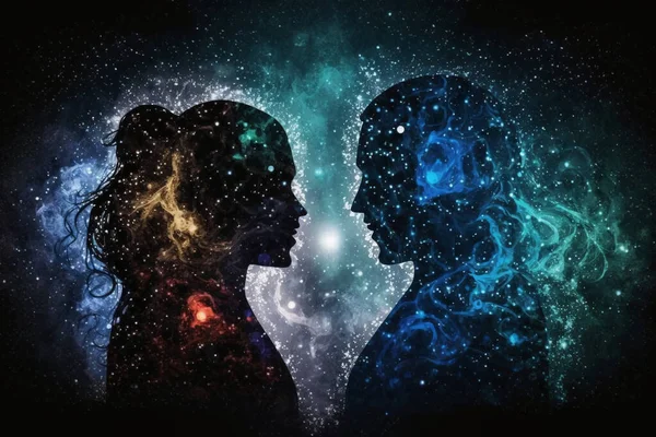 Man and woman silhouettes at abstract cosmic background