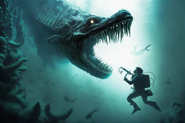Sea monster attacks diver fantasy underwater scene