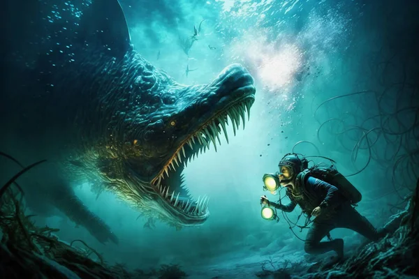 Sea monster attacks diver fantasy underwater scene
