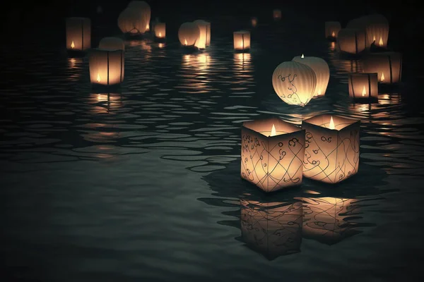 Paper lanterns float on dark water.